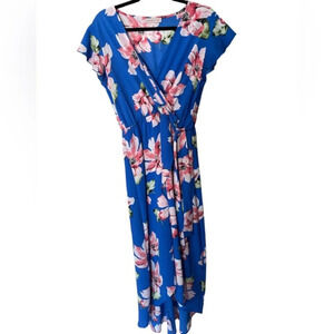 Women’s Floral Dress High-Low Midi Short Sleeve V-neck Casual Blue Size L‎